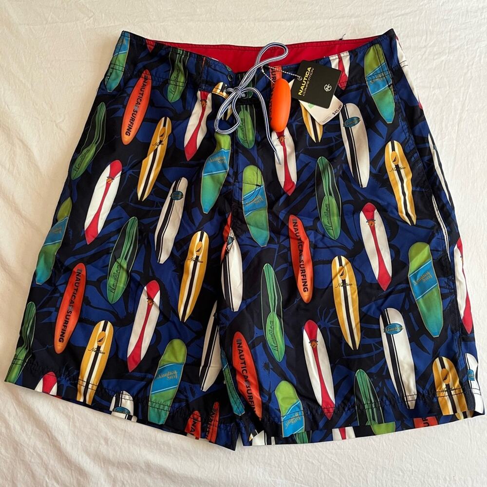 NWT Nautica Mens Swim Trunks Surf Board Print Shorts Size 34 Medium